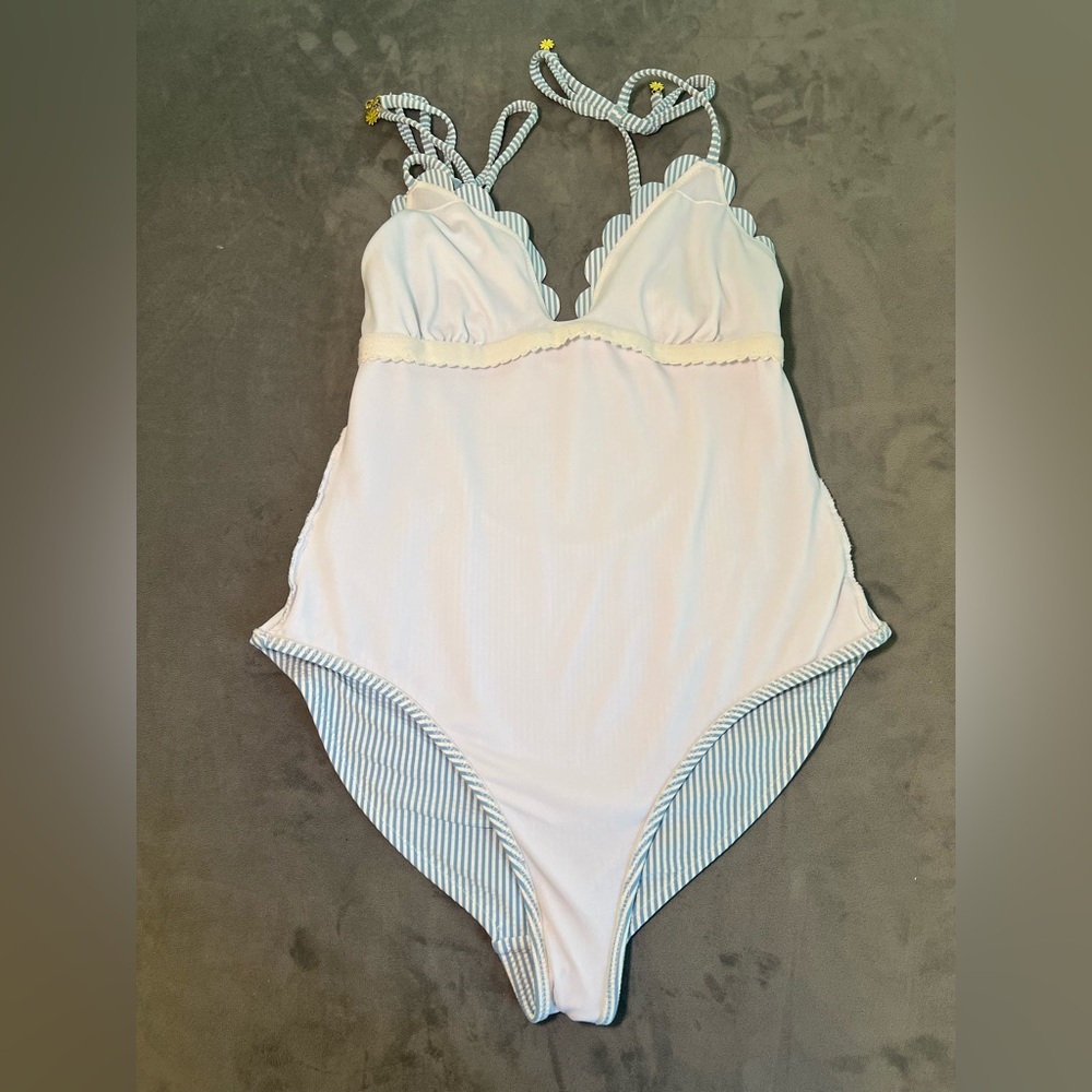 Jessica Simpson Under The Sea Scalloped Edge Stripped Halter One-Piece Swimsuit - Picture 10 of 15